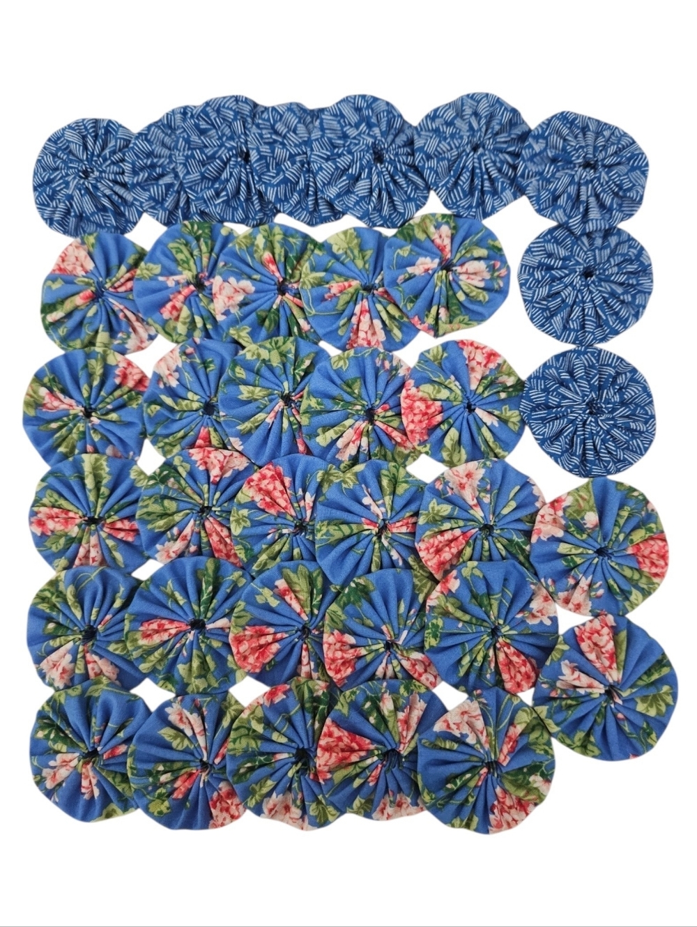 Hand Sewn Fabric Yo Yos, Set of 36,  Two Prints in Blue